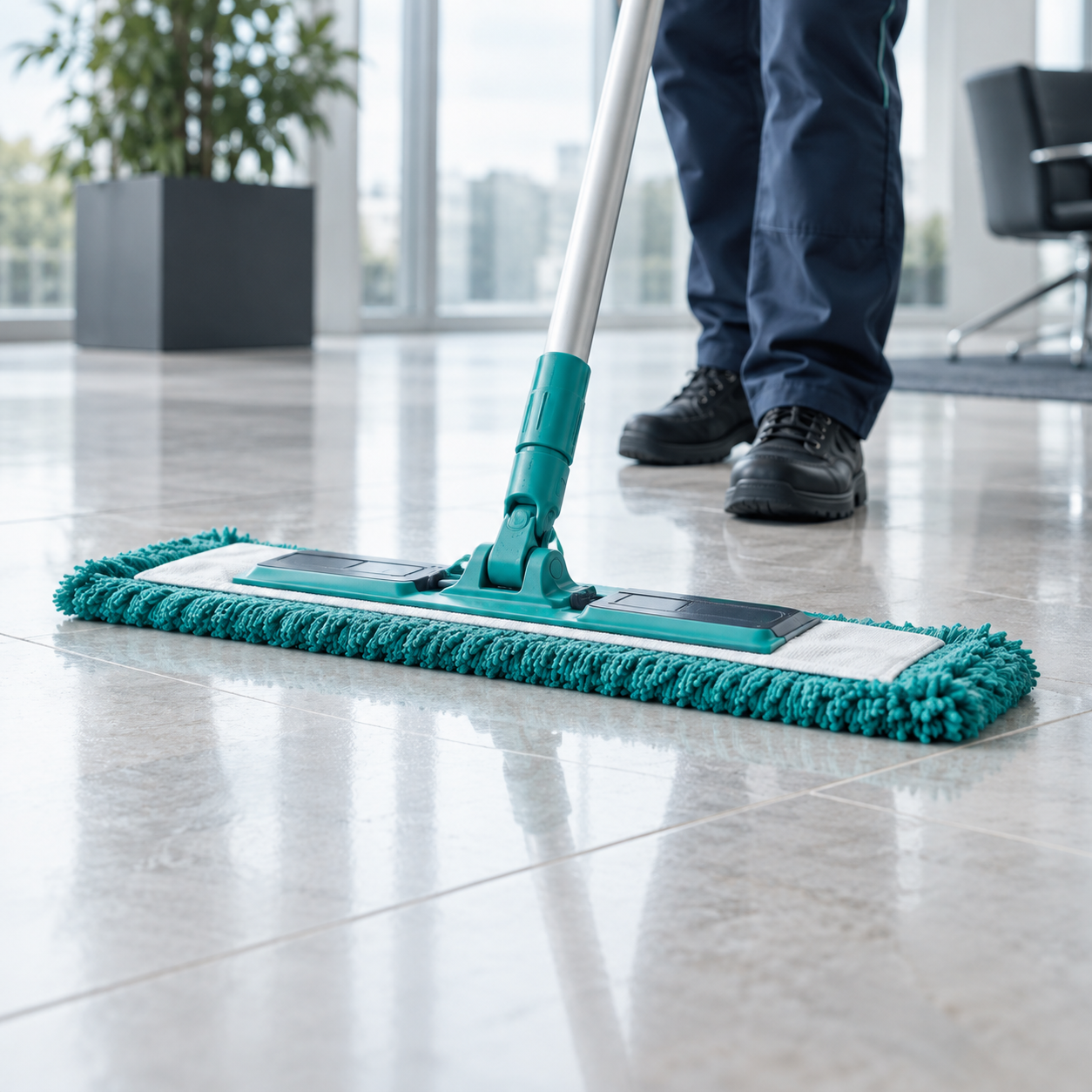 Professionelle Bodenreinigung mit einem Mikrofasermopp