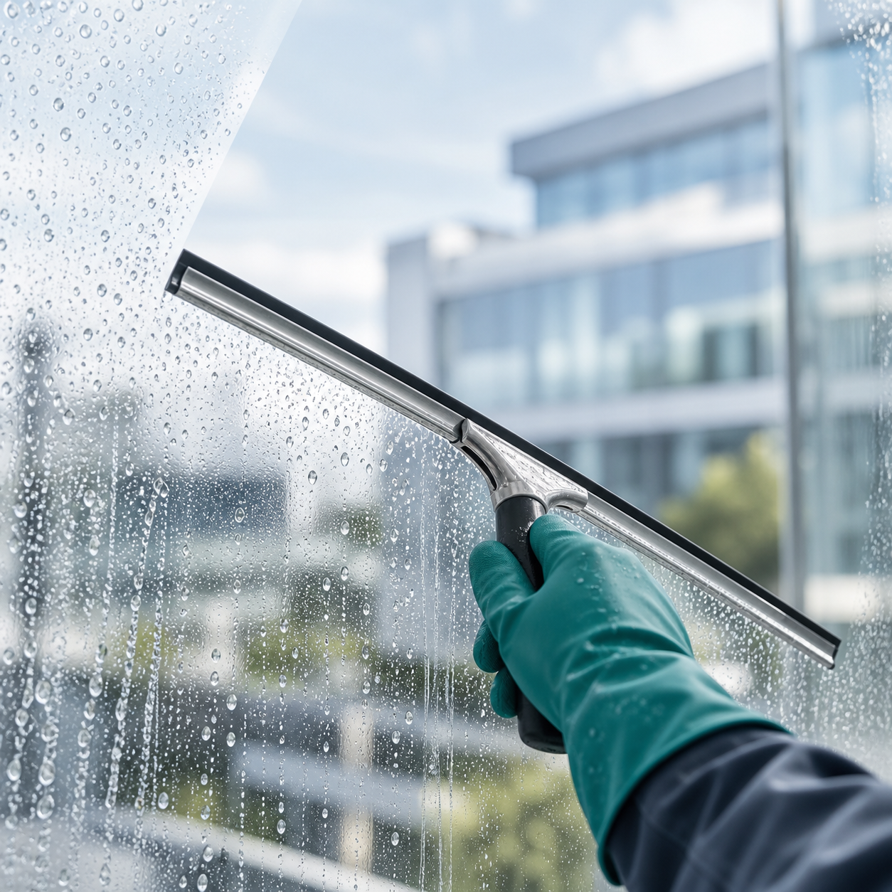 Glasreinigung mit Fensterabzieher und grünen Schutzhandschuhen
